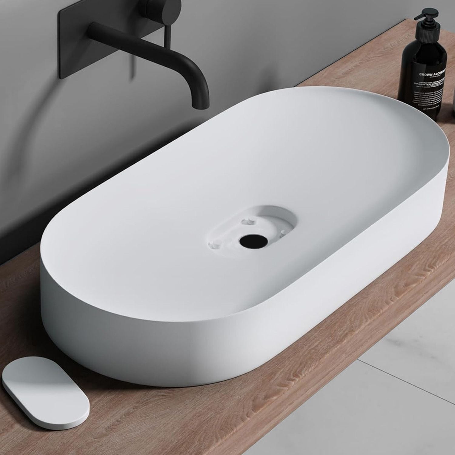 Lavoar baie pe blat oval 70 cm conglomerat alb lucios – Rea Iris