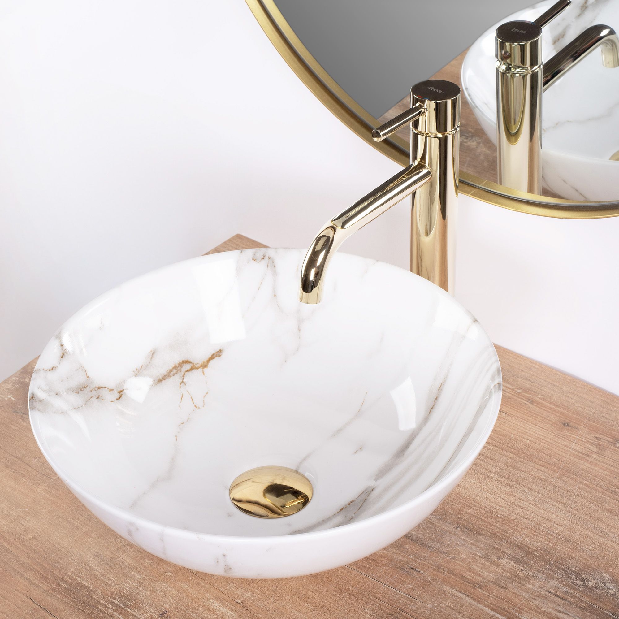 Lavoar baie pe blat rotund 35,5 cm ceramic imitație piatră – Rea Stella Aiax Shiny