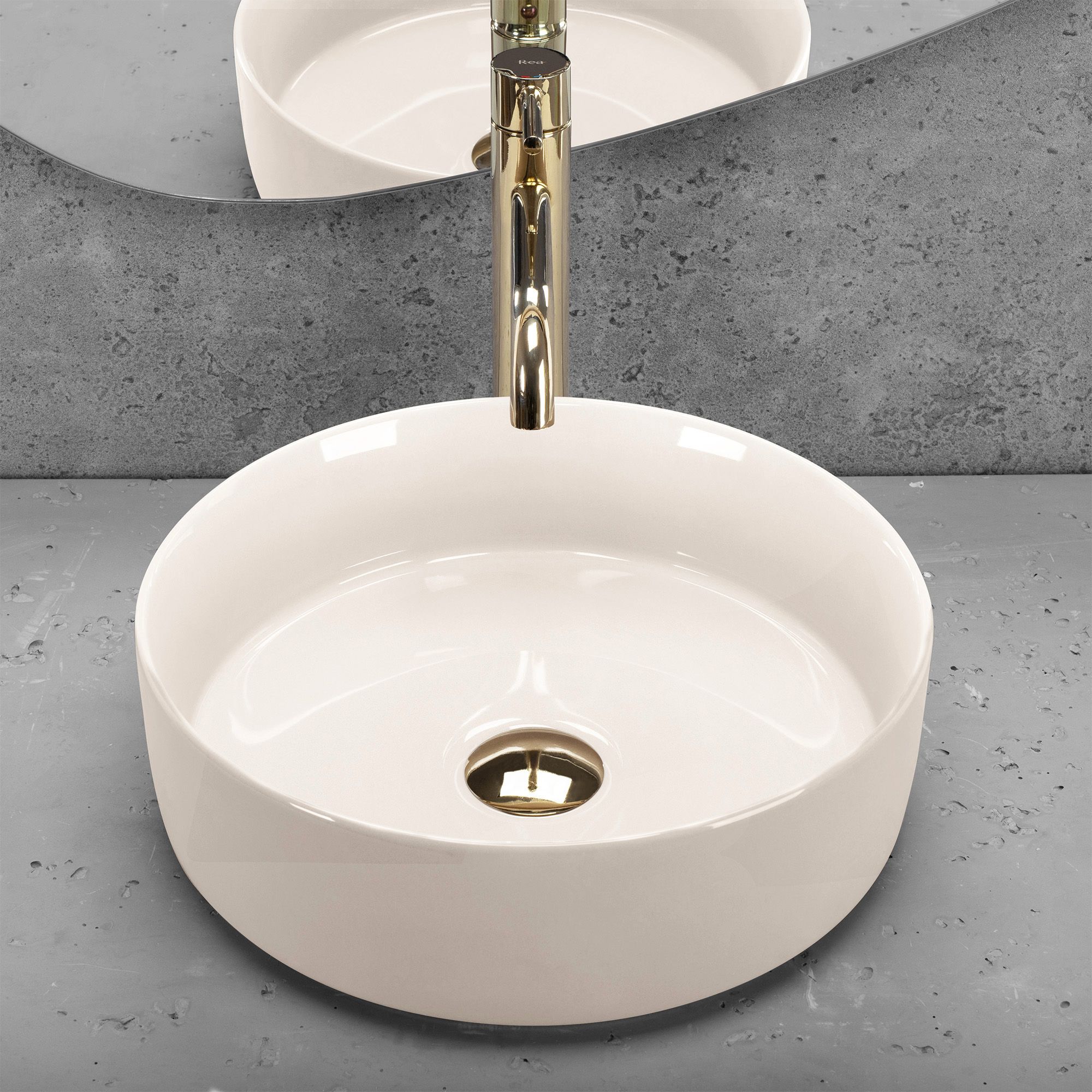 Lavoar baie pe blat rotund 36 cm ceramic alb lucios – Rea Sami Ecru Shiny