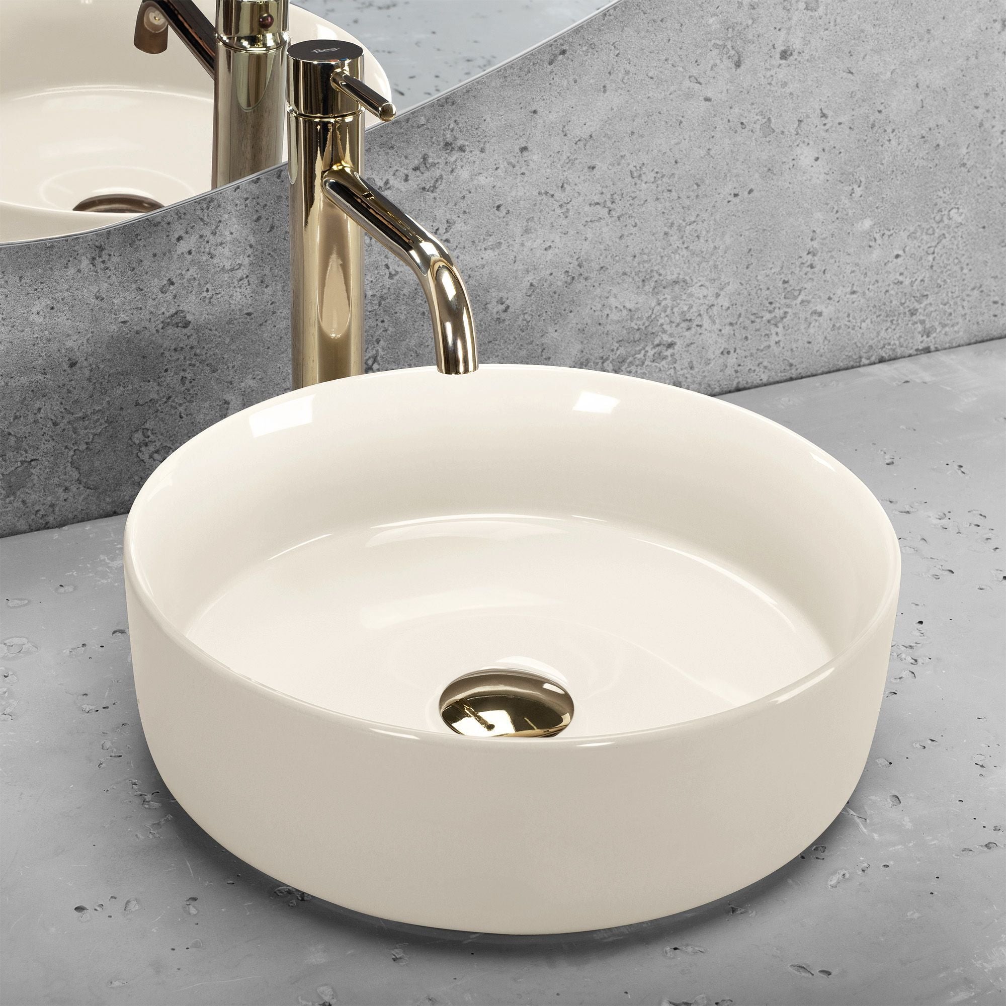 Lavoar baie pe blat rotund 36 cm ceramic alb lucios – Rea Sami Ecru Shiny