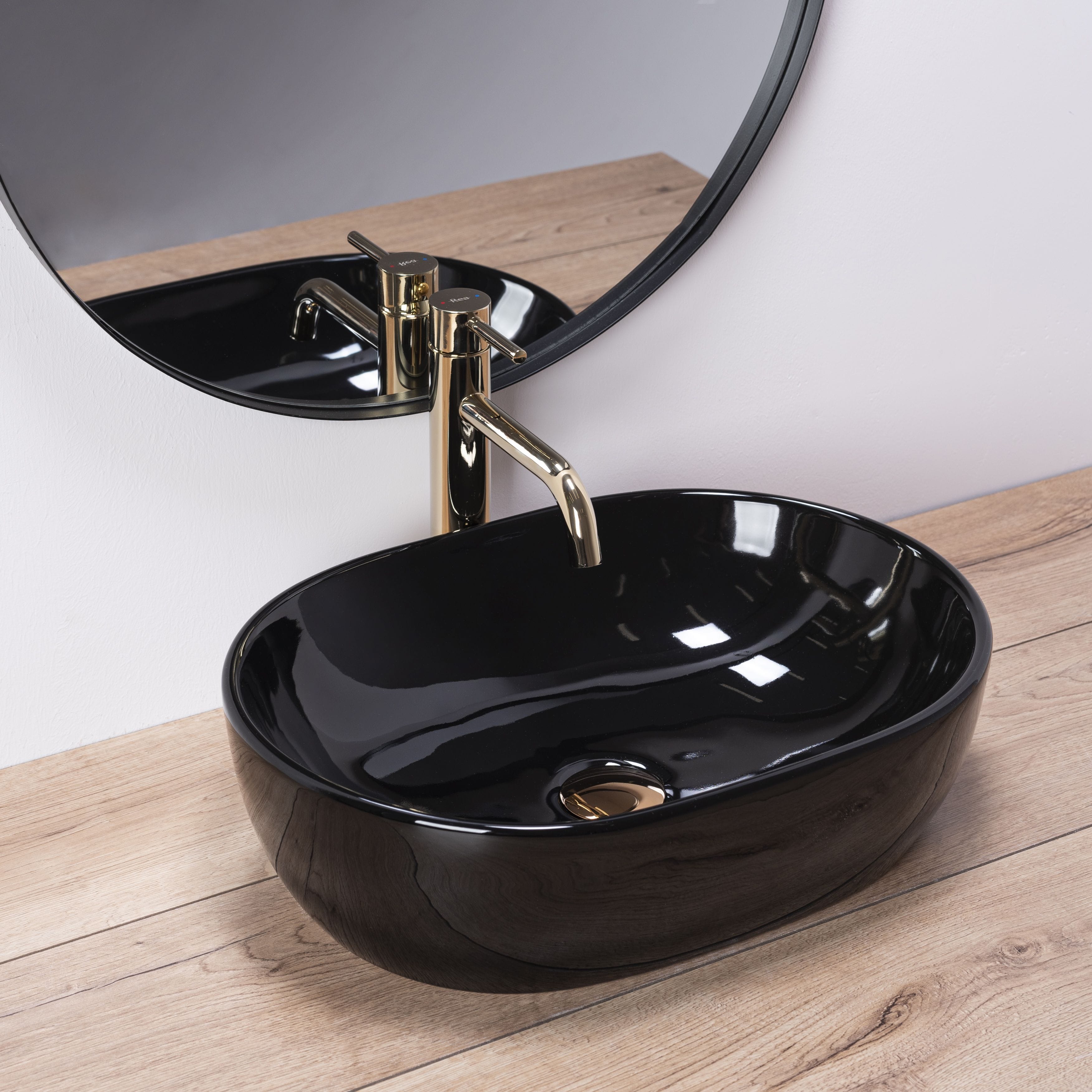 Lavoar ceramic pe blat Rea Amelia, 48 cm, negru lucios