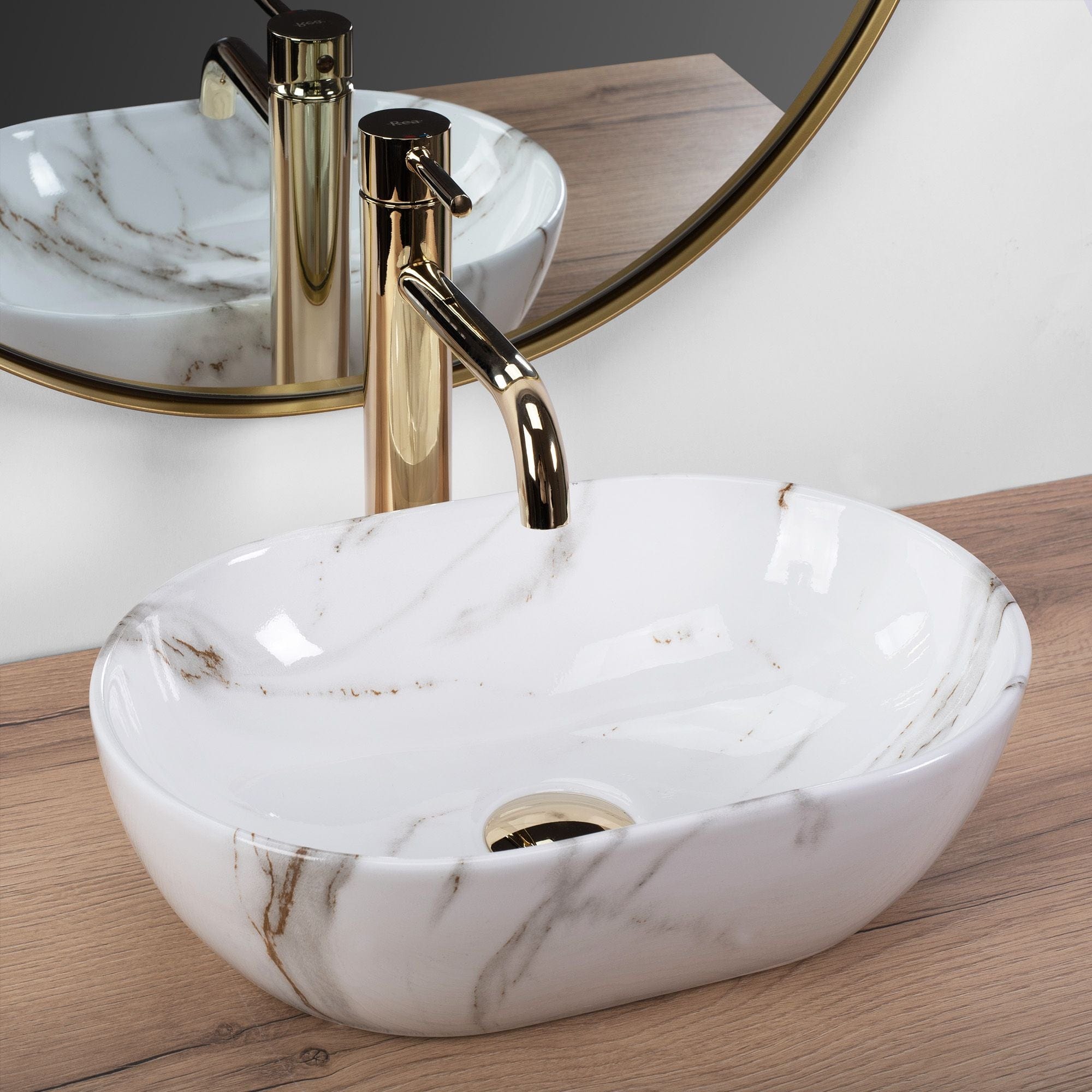 Lavoar ceramic pe blat Rea Amelia Mini, 38 cm, imitatie piatra