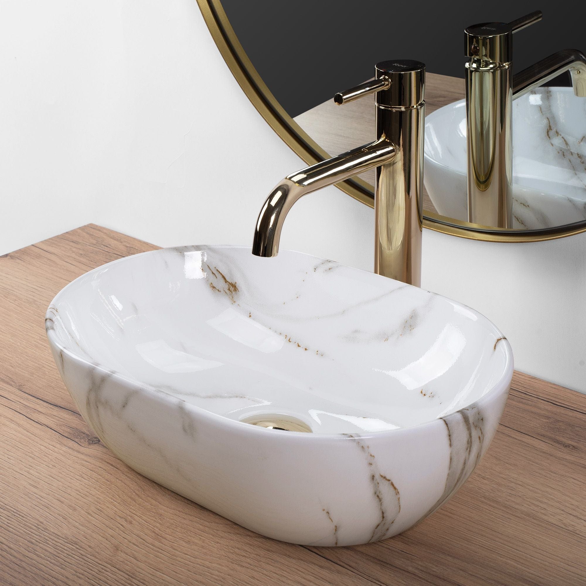 Lavoar ceramic pe blat Rea Amelia Mini, 38 cm, imitatie piatra
