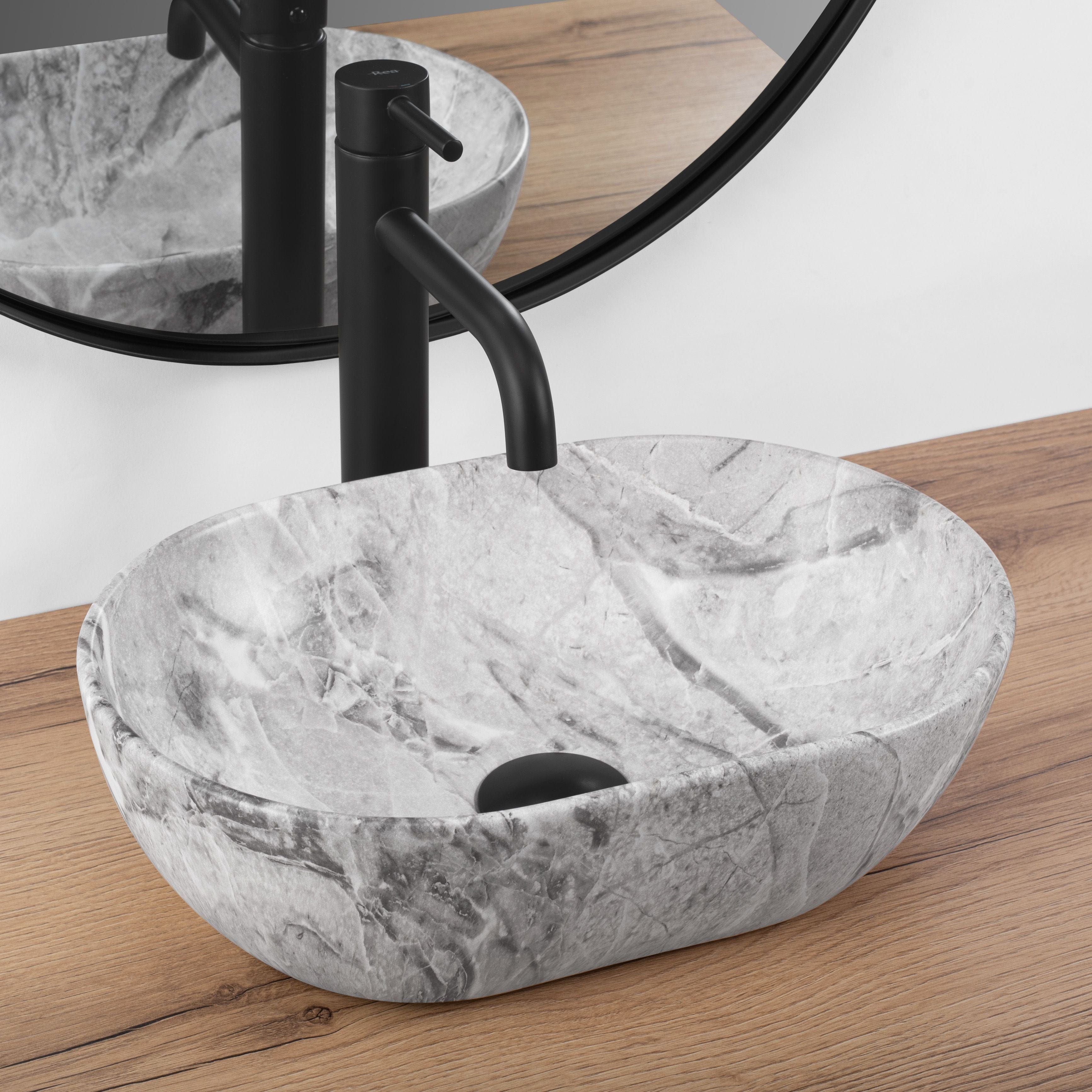 Lavoar ceramic pe blat Rea Amelia Mini, 38 cm, imitatie piatra/mat