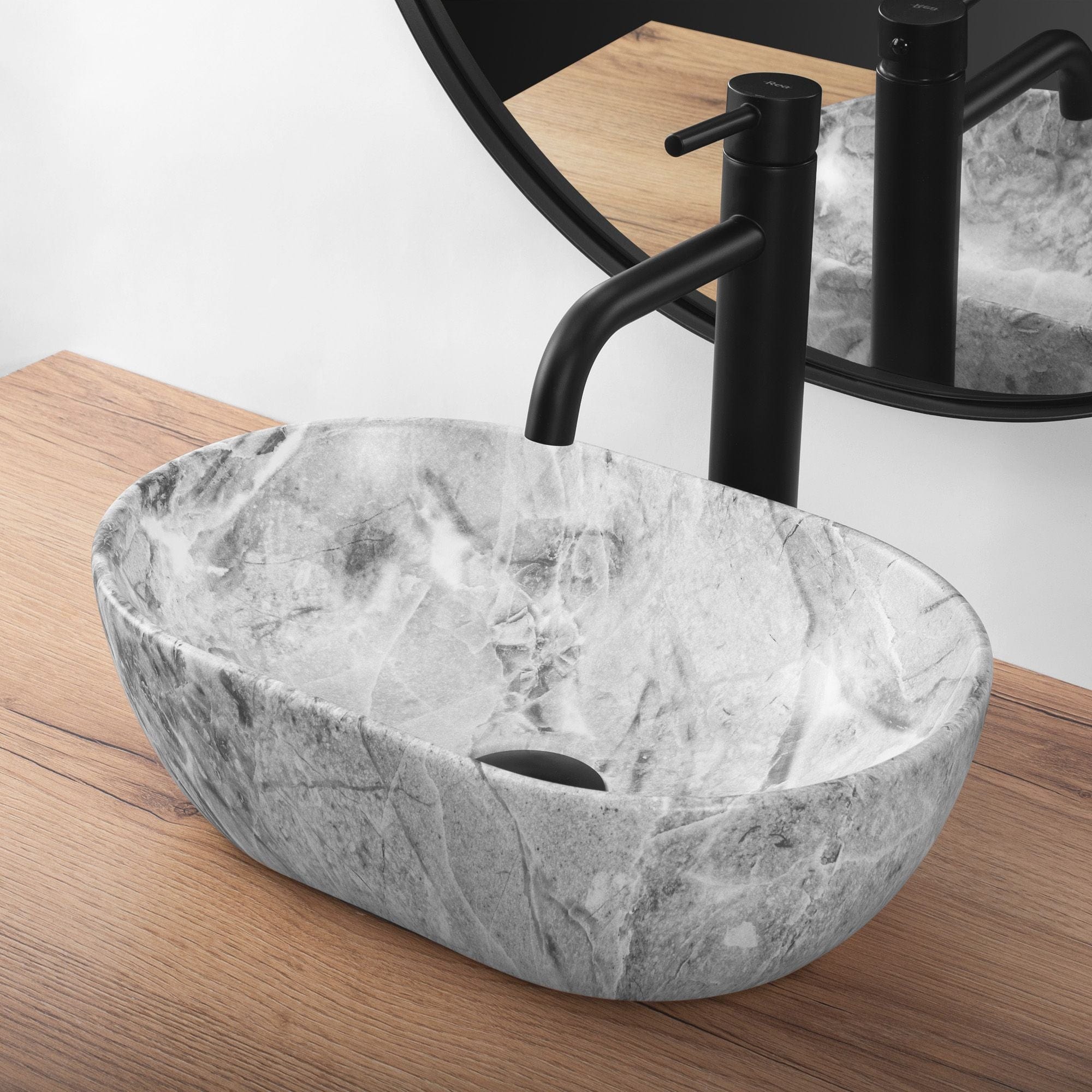 Lavoar ceramic pe blat Rea Amelia Mini, 38 cm, imitatie piatra/mat