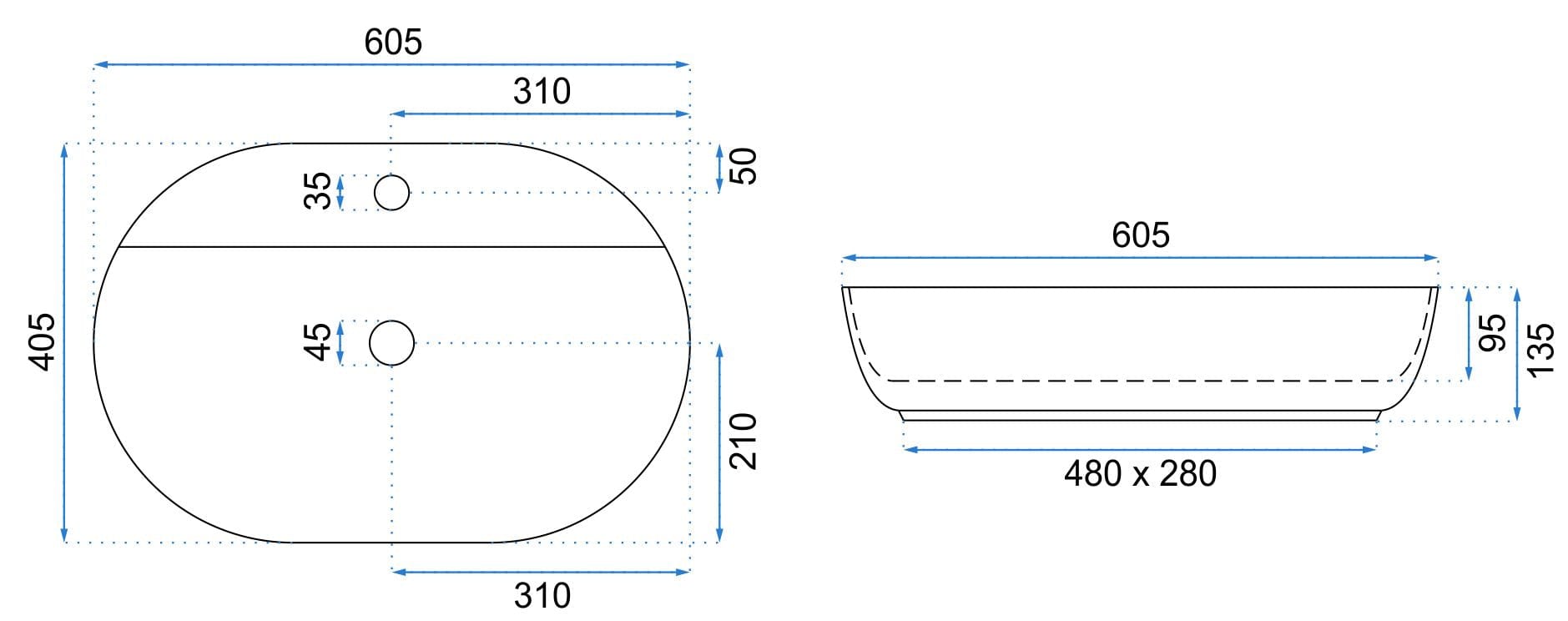 Lavoar ceramic pe blat Rea Aura, 60.5 cm, alb
