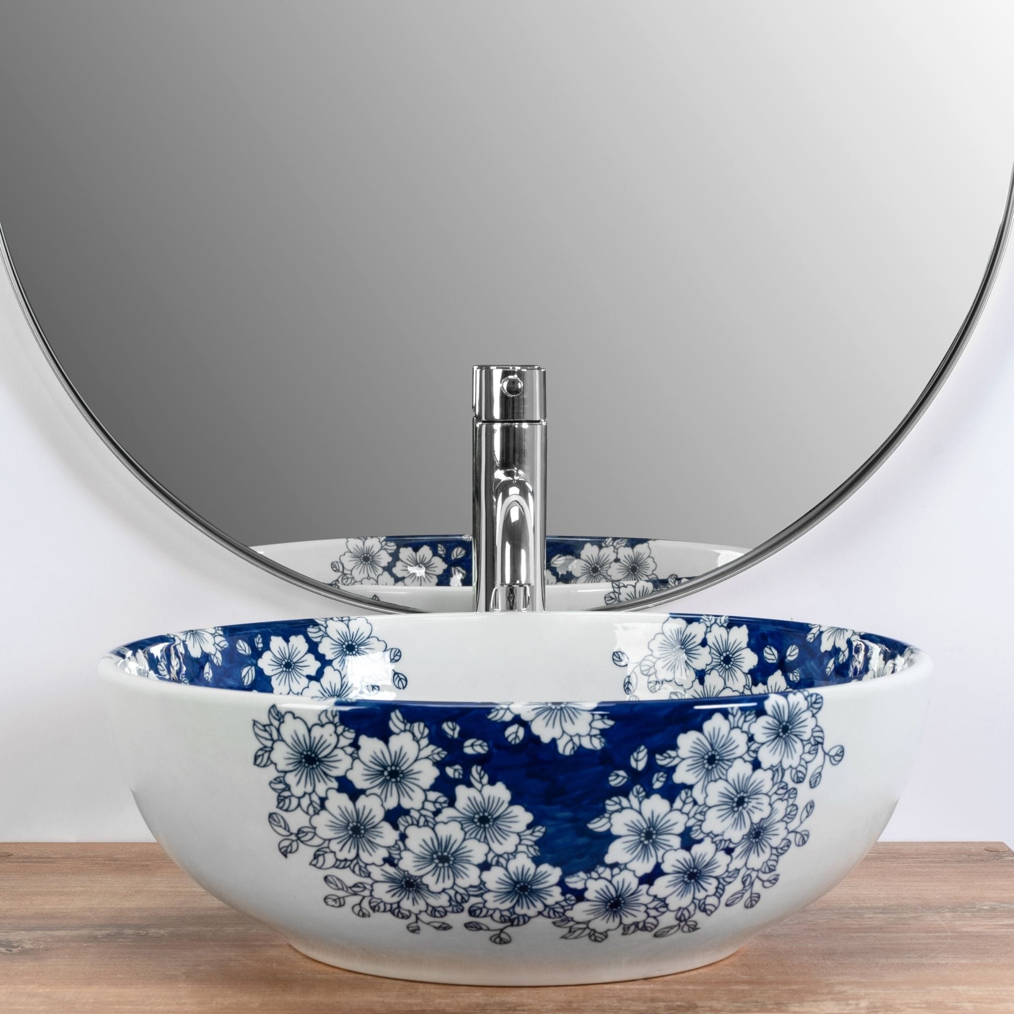 Lavoar ceramic pe blat Rea Fiori, 41 cm, alb cu flori