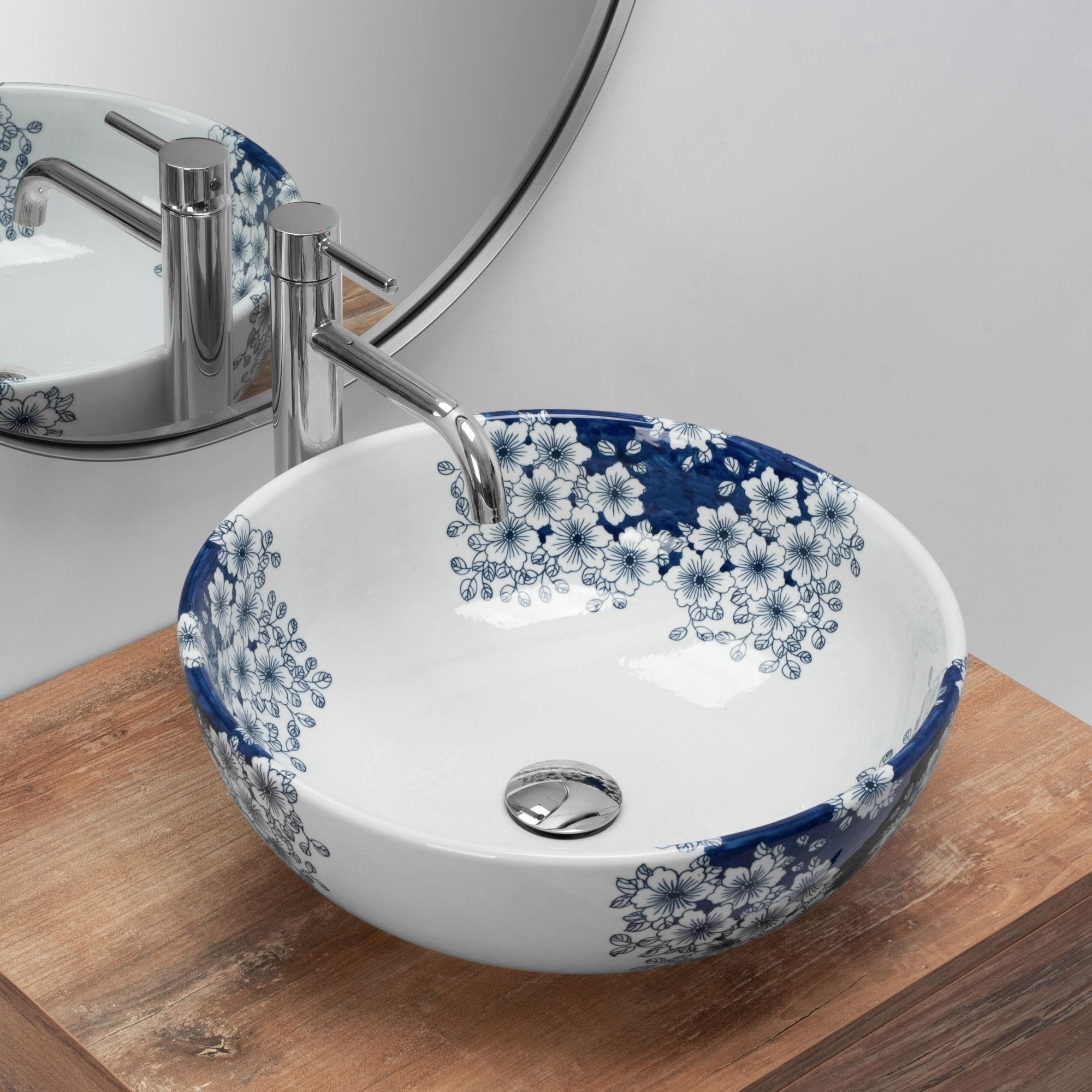 Lavoar ceramic pe blat Rea Fiori, 41 cm, alb cu flori
