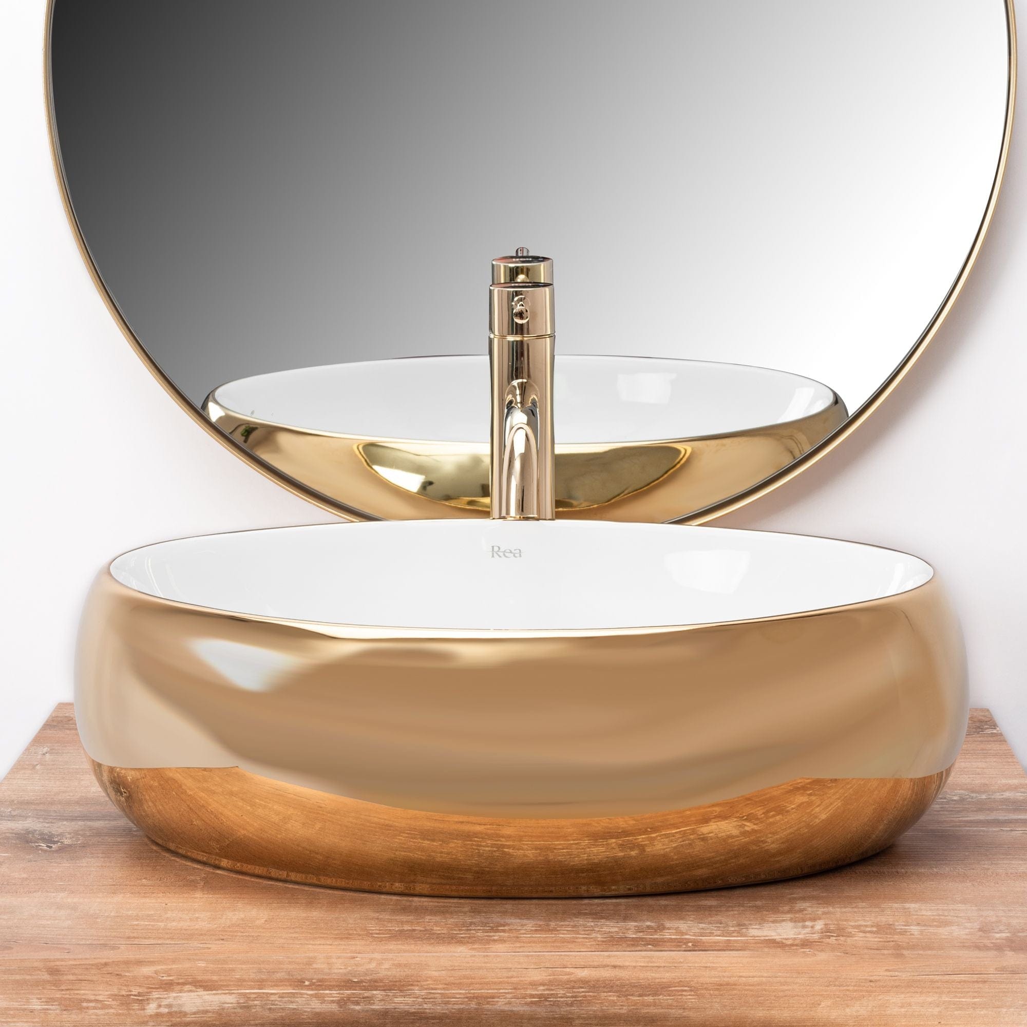 Lavoar ceramic pe blat Rea Linda, 48.5 cm, auriu lucios