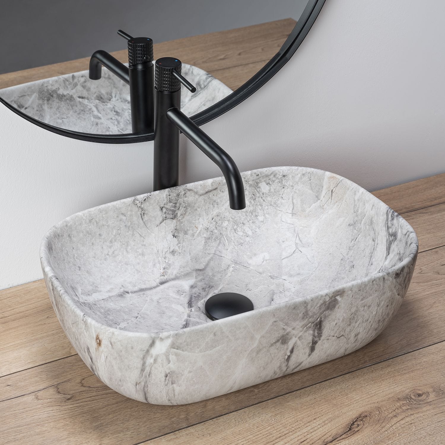 Lavoar ceramic pe blat Rea Livia, 46.5 cm, imitatie piatra