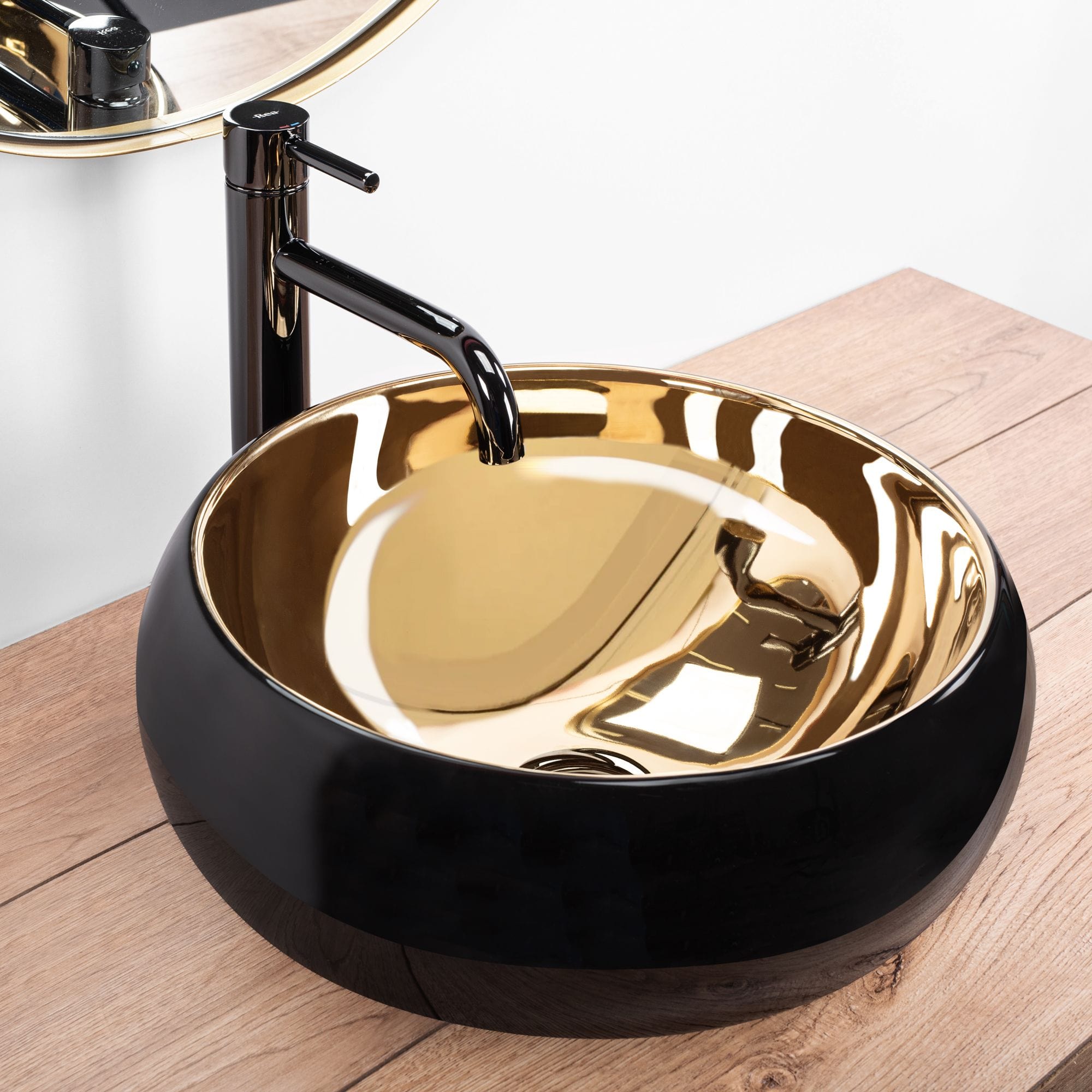 Lavoar ceramic pe blat Rea Luna, 40 cm, negru/auriu