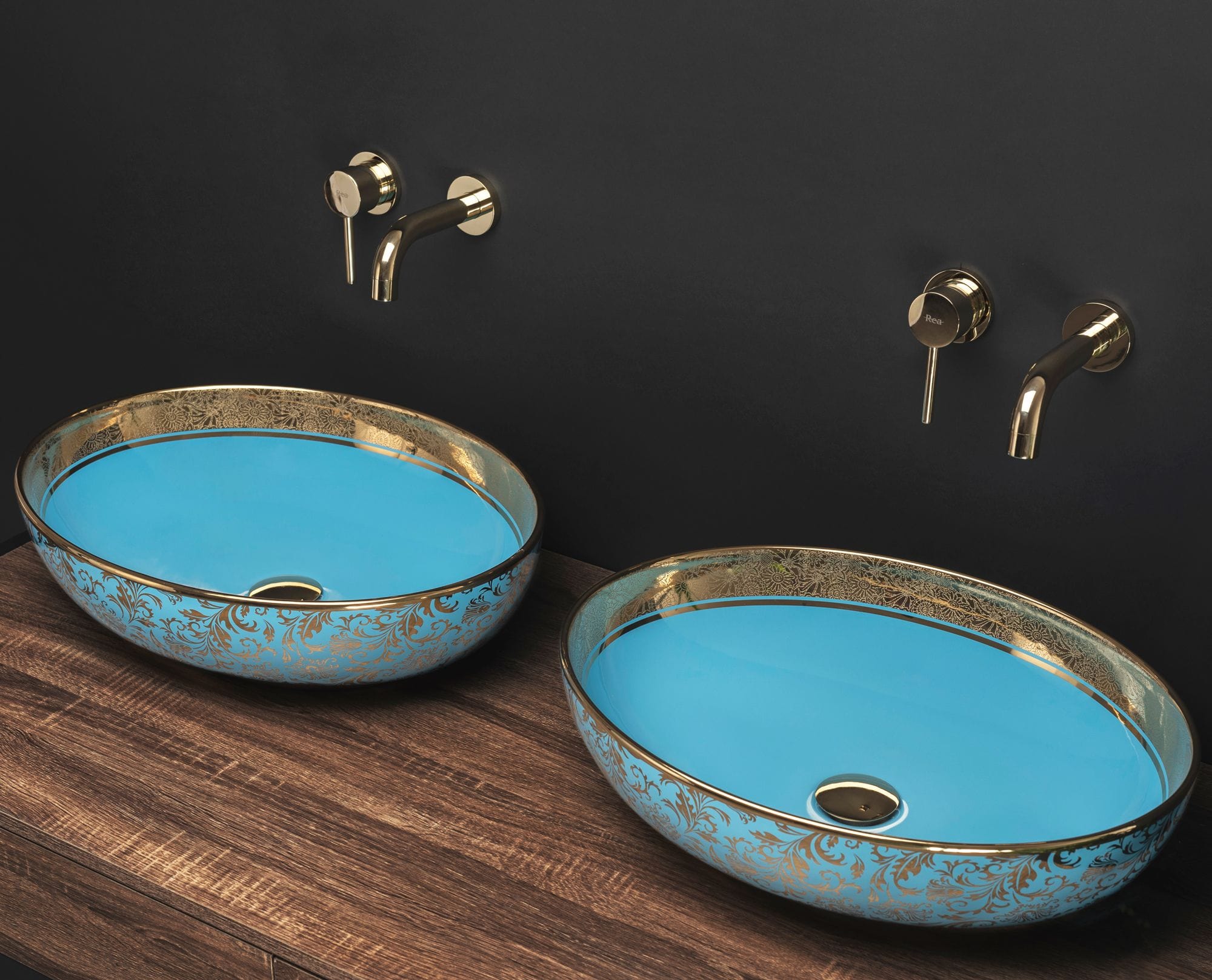 Lavoar ceramic pe blat Rea Margot, 52 cm, albastru/auriu