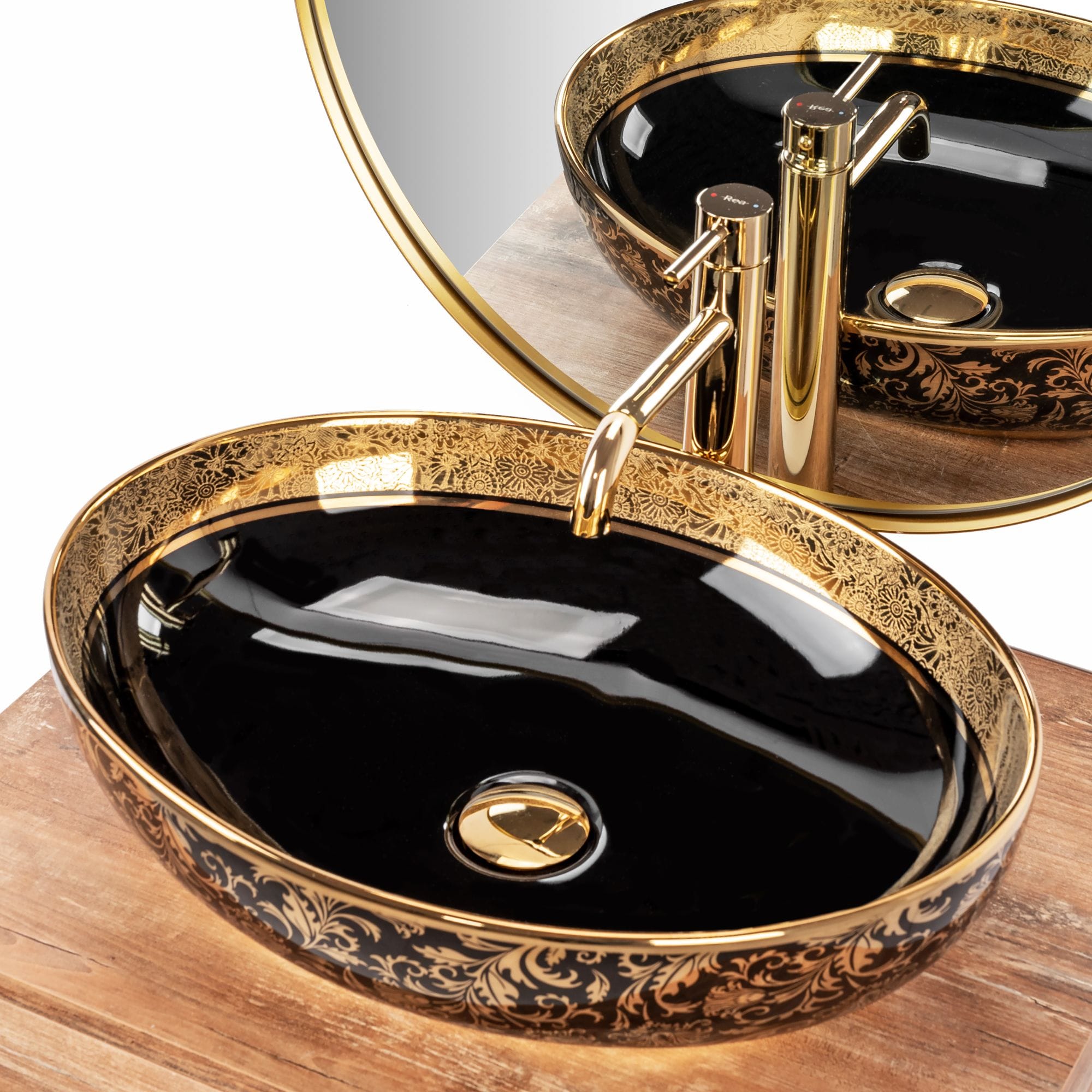 Lavoar ceramic pe blat Rea Margot, 52 cm, negru/auriu