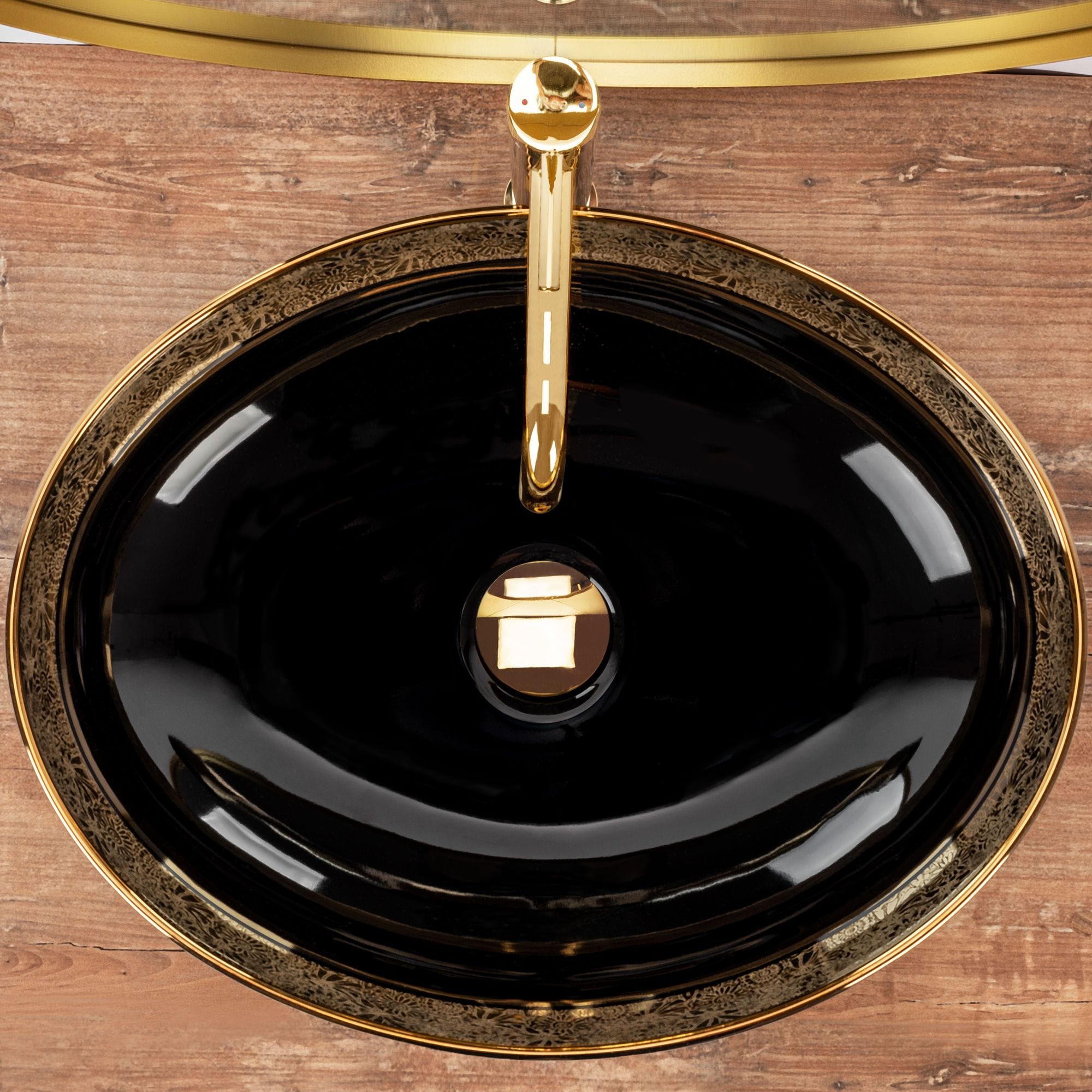 Lavoar ceramic pe blat Rea Margot, 52 cm, negru/auriu