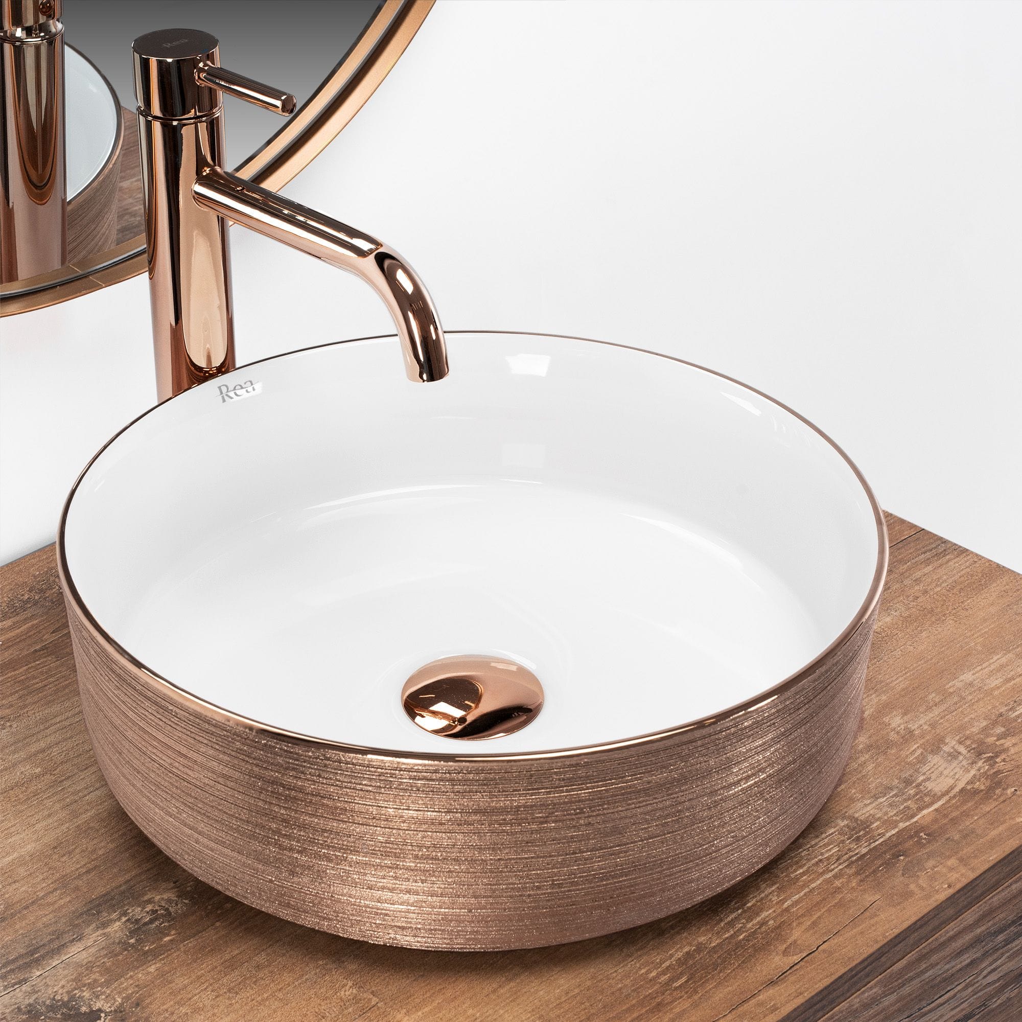 Lavoar ceramic pe blat Rea Sami, 36 cm, auriu rose