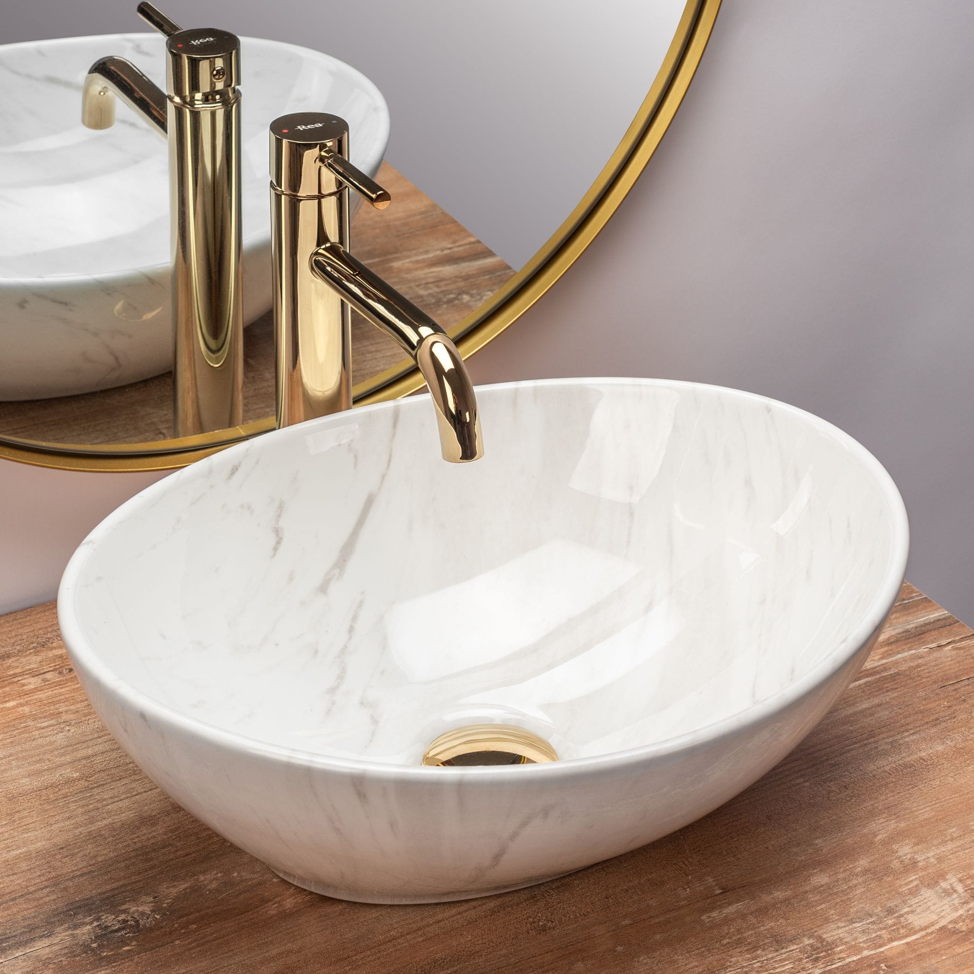 Lavoar ceramic pe blat Rea Sofia Calala, 41 cm, imiatatie piatra