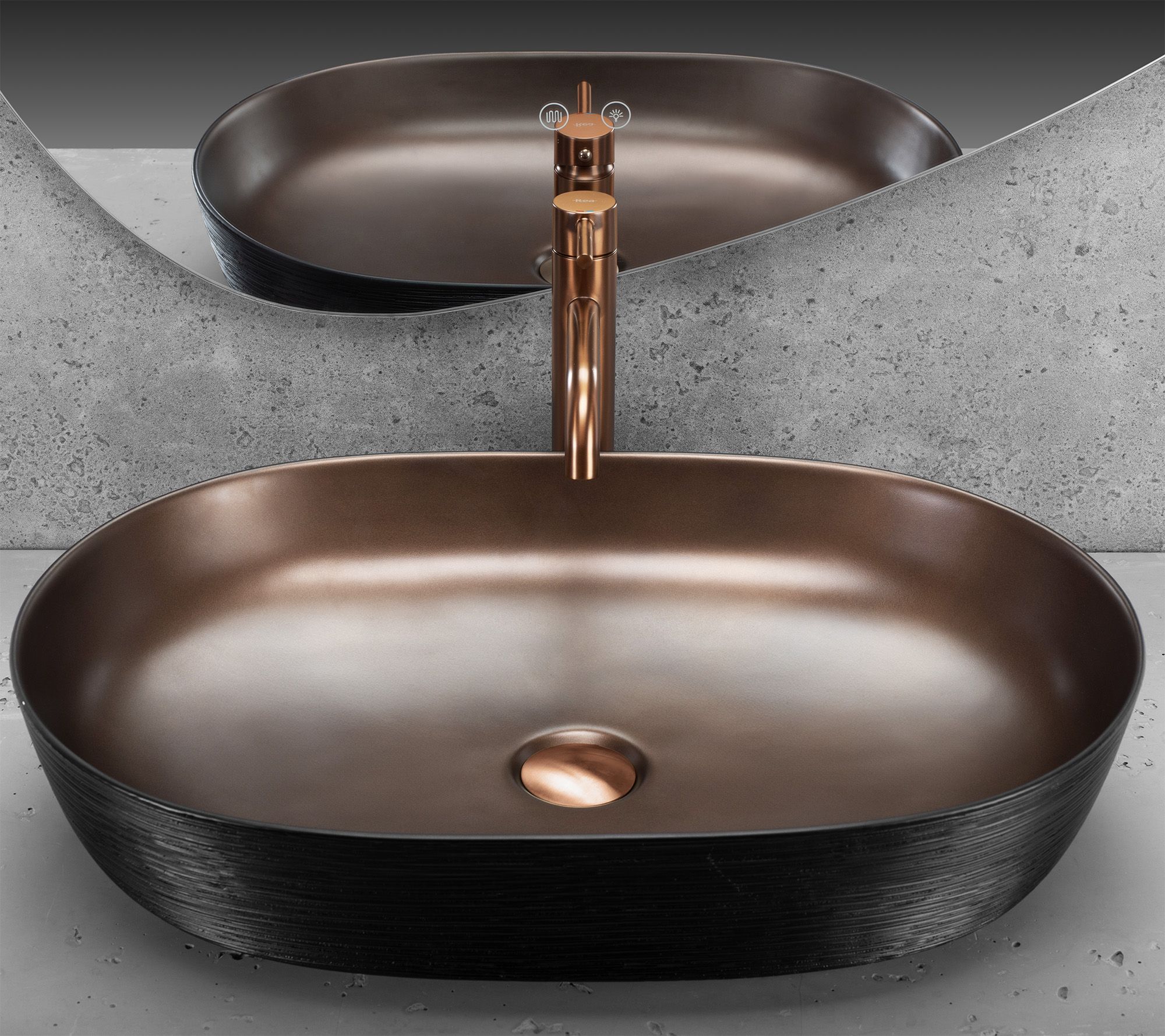Lavoar ceramic pentru blat oval 60.5 cm cupru periat negru mat – Rea Cleo 61