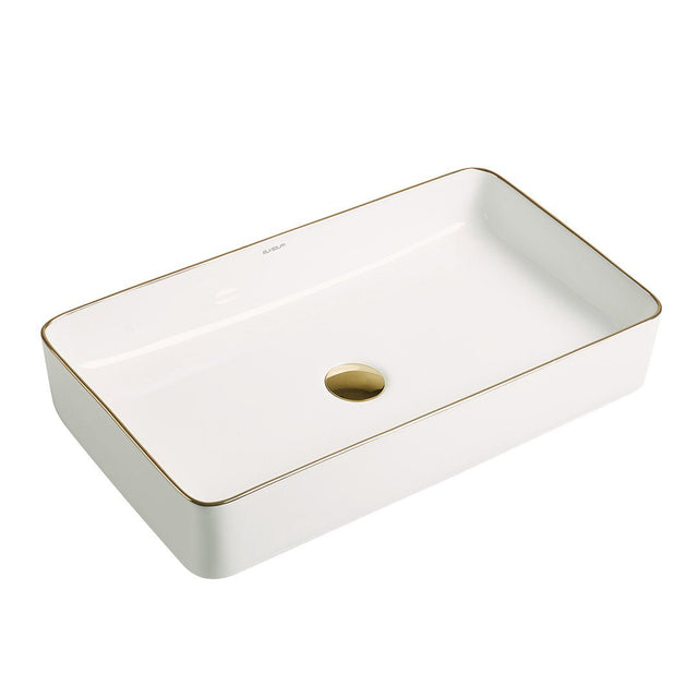 Lavoar de baie Allure, pe blat, dreptunghiular, din ceramica sanitara, 60 cm, alb lucios cu o linie aurie, Elysium