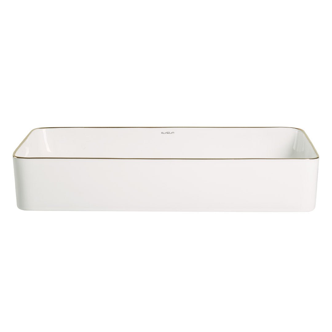 Lavoar de baie Allure, pe blat, dreptunghiular, din ceramica sanitara, 60 cm, alb lucios cu o linie aurie, Elysium