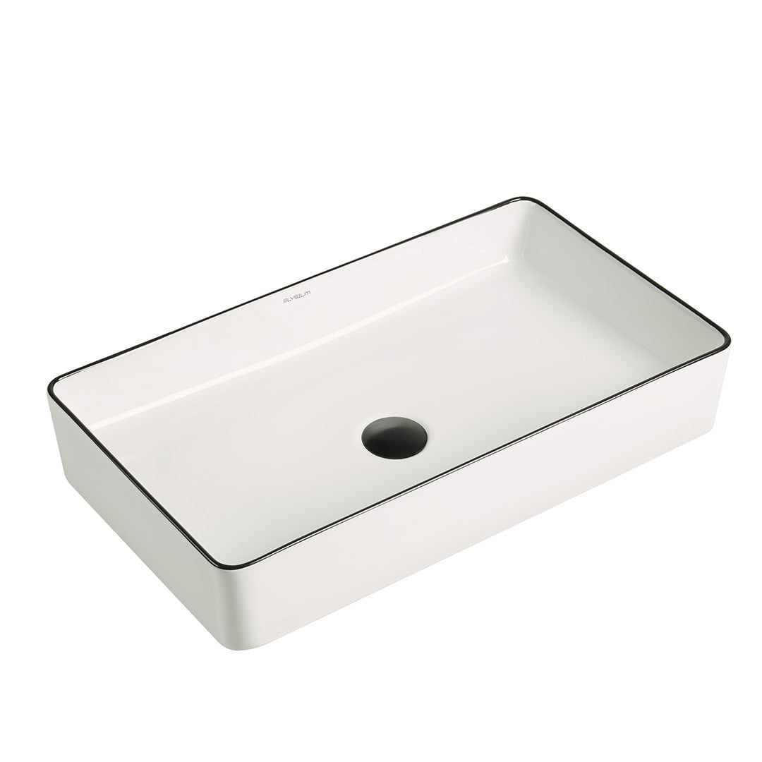 Lavoar de baie Allure, pe blat, dreptunghiular, din ceramica sanitara, 60 cm, alb lucios cu o linie neagra, Elysium