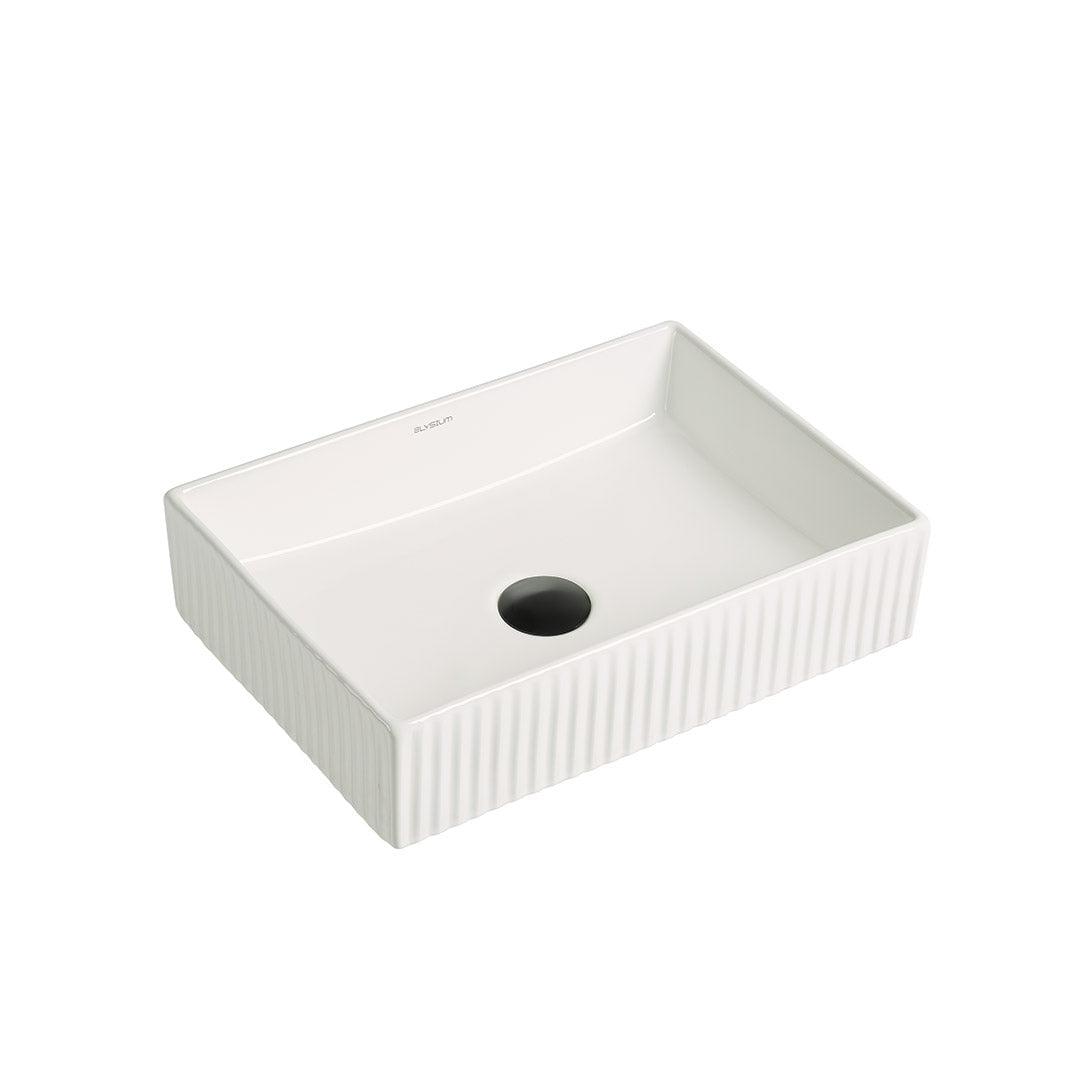 Lavoar de baie Brilliant, pe blat, dreptunghiular, din ceramica sanitara, 45 cm, alb lucios cu riflaje, Elysium