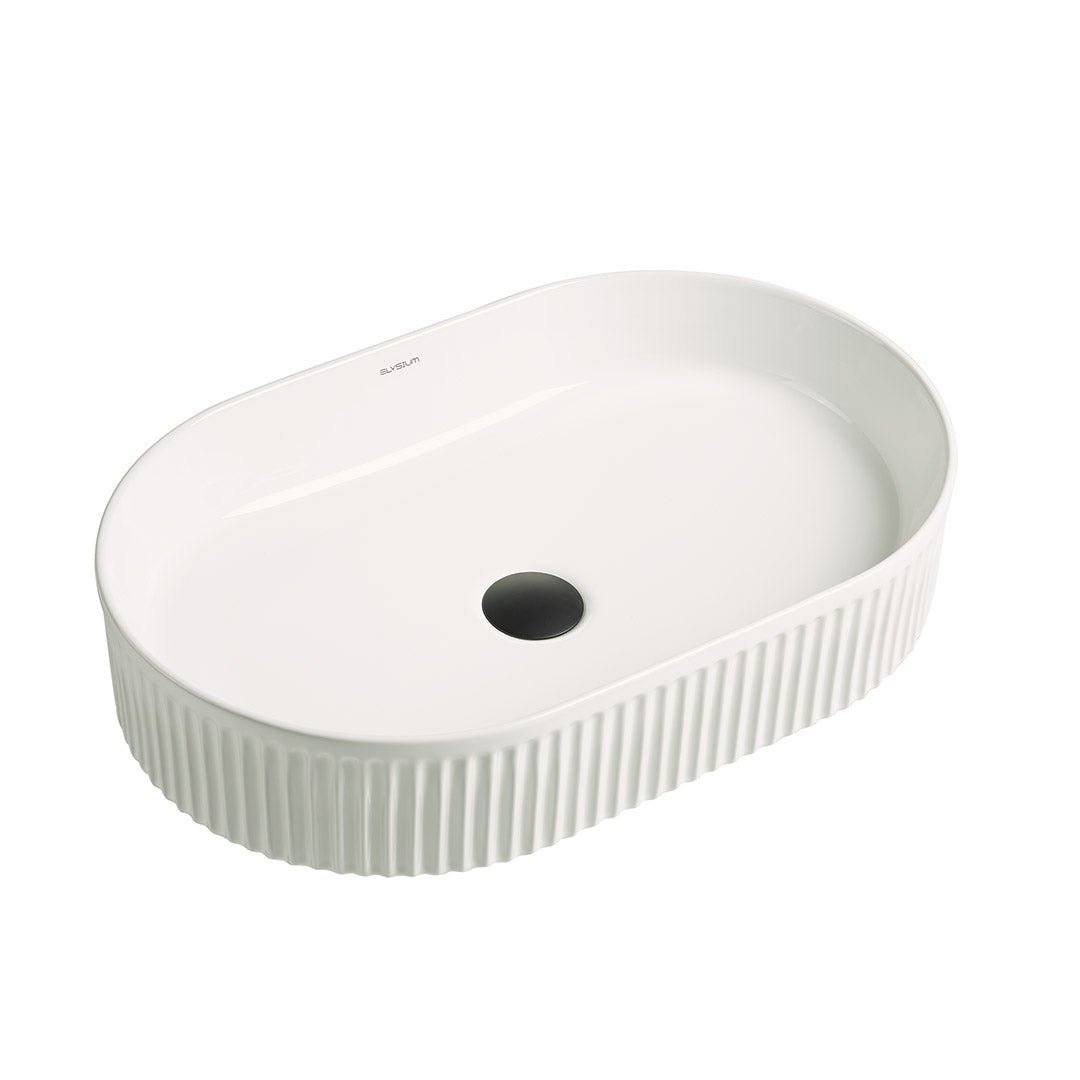 Lavoar de baie City, pe blat, oval, din ceramica sanitara, 57.5 cm, alb lucios cu riflaje, Elysium