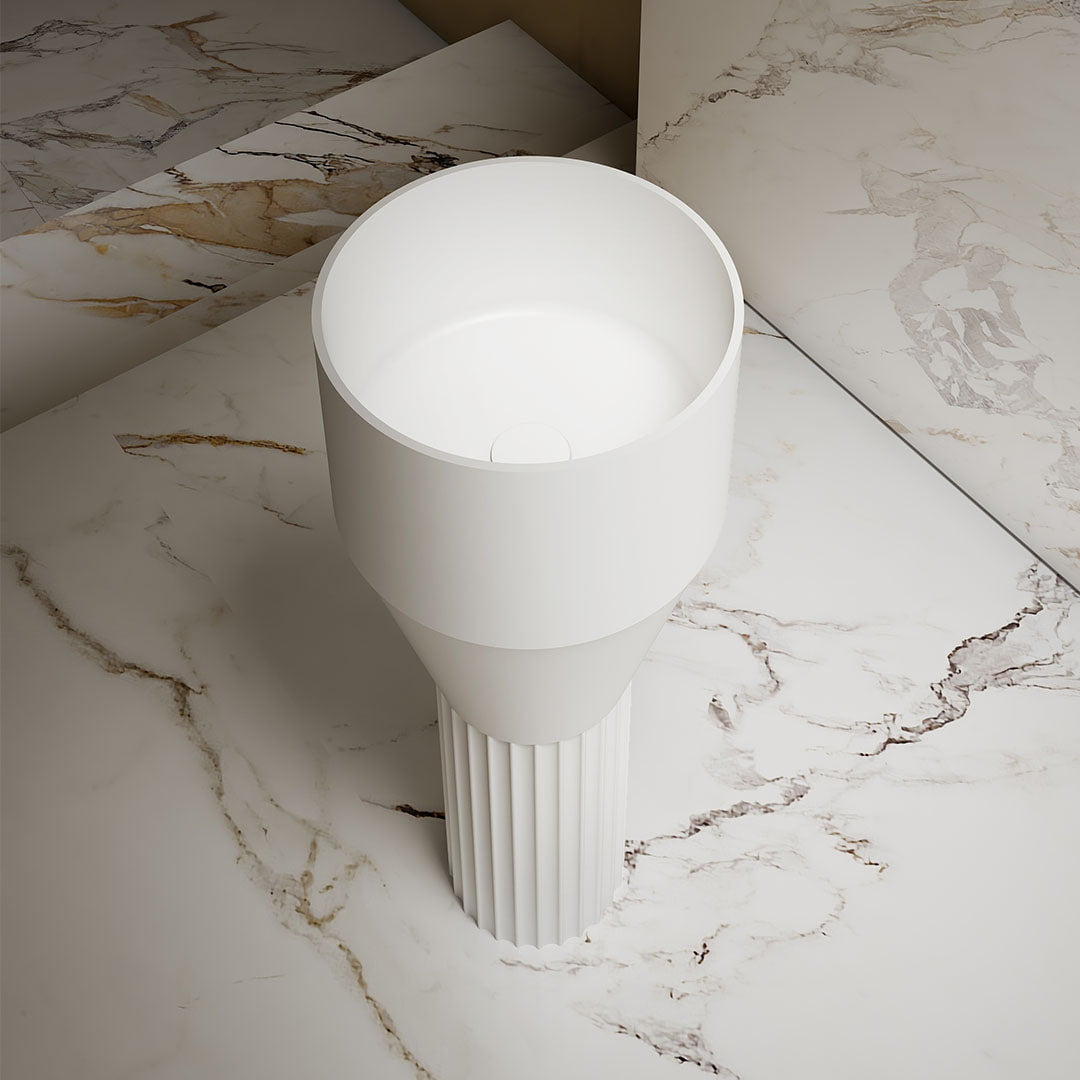 Lavoar de baie, freestanding, 36 cm, rotund, din compozit, alb mat, riflaje in partea inferioara, MonBlari