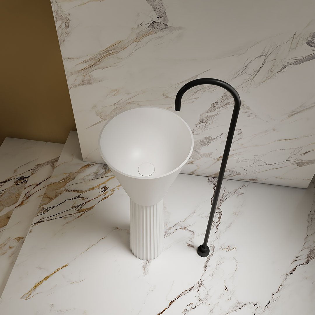 Lavoar de baie, freestanding, 38 cm, rotund, din compozit, alb mat, riflaje in partea inferioara, MonBlari