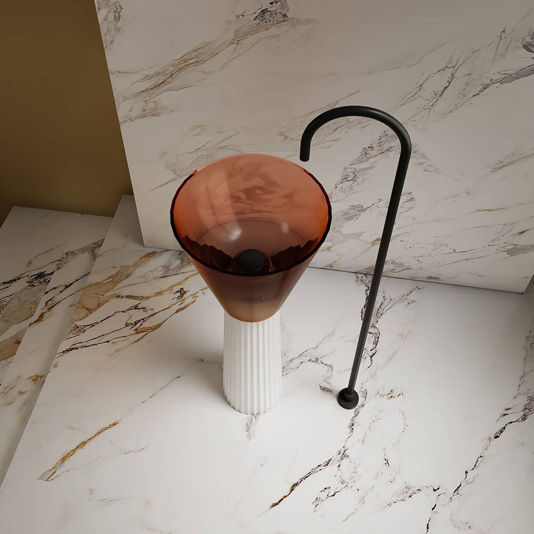 Lavoar de baie, freestanding, 38 cm, rotund, din rasina si compozit, maro transparent, MonBlari