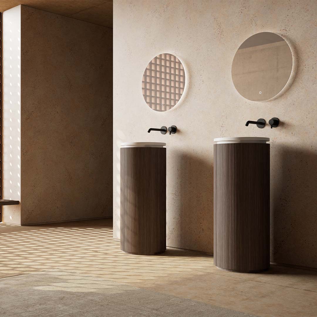 Lavoar de baie, freestanding, 38x38 cm, rotund, din compozit, alb mat cu exterior lemn natur, MonBlari