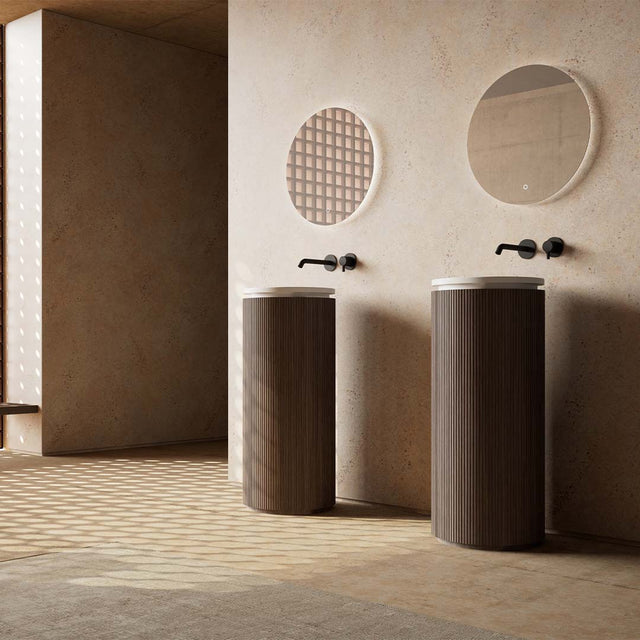 Lavoar de baie, freestanding, 38x38 cm, rotund, din compozit, alb mat cu exterior lemn natur, MonBlari