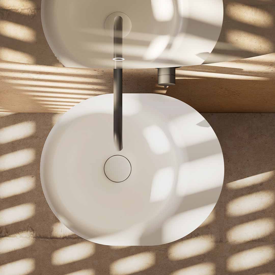 Lavoar de baie, freestanding, 38x46 cm, oval, din compozit, alb mat cu exterior lemn natur, MonBlari