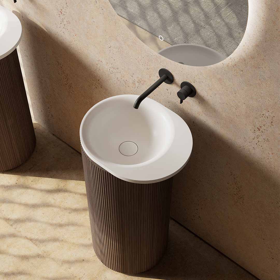 Lavoar de baie, freestanding, 38x46 cm, oval, din compozit, alb mat cu exterior lemn natur, MonBlari