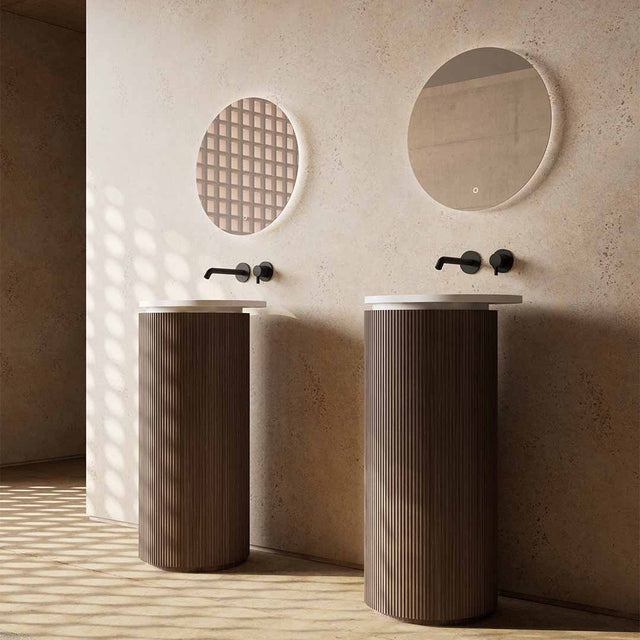 Lavoar de baie, freestanding, 38x46 cm, oval, din compozit, alb mat cu exterior lemn natur, MonBlari