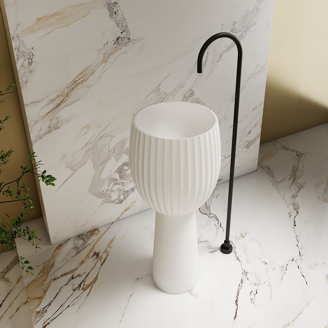 Lavoar de baie, freestanding, 40 cm, rotund, din compozit, alb mat, cu riflaje, MonBlari