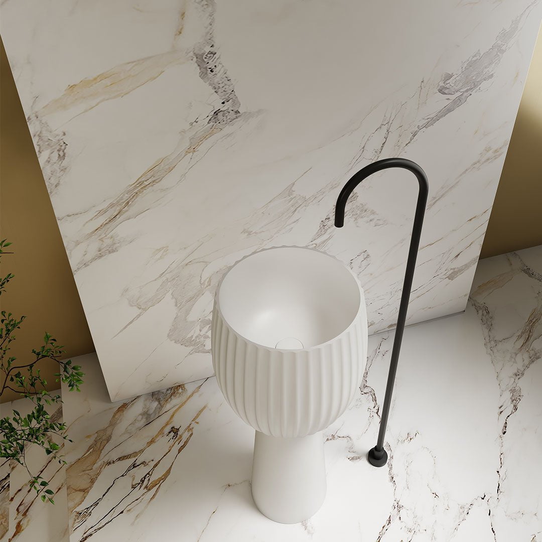 Lavoar de baie, freestanding, 40 cm, rotund, din compozit, alb mat, cu riflaje, MonBlari