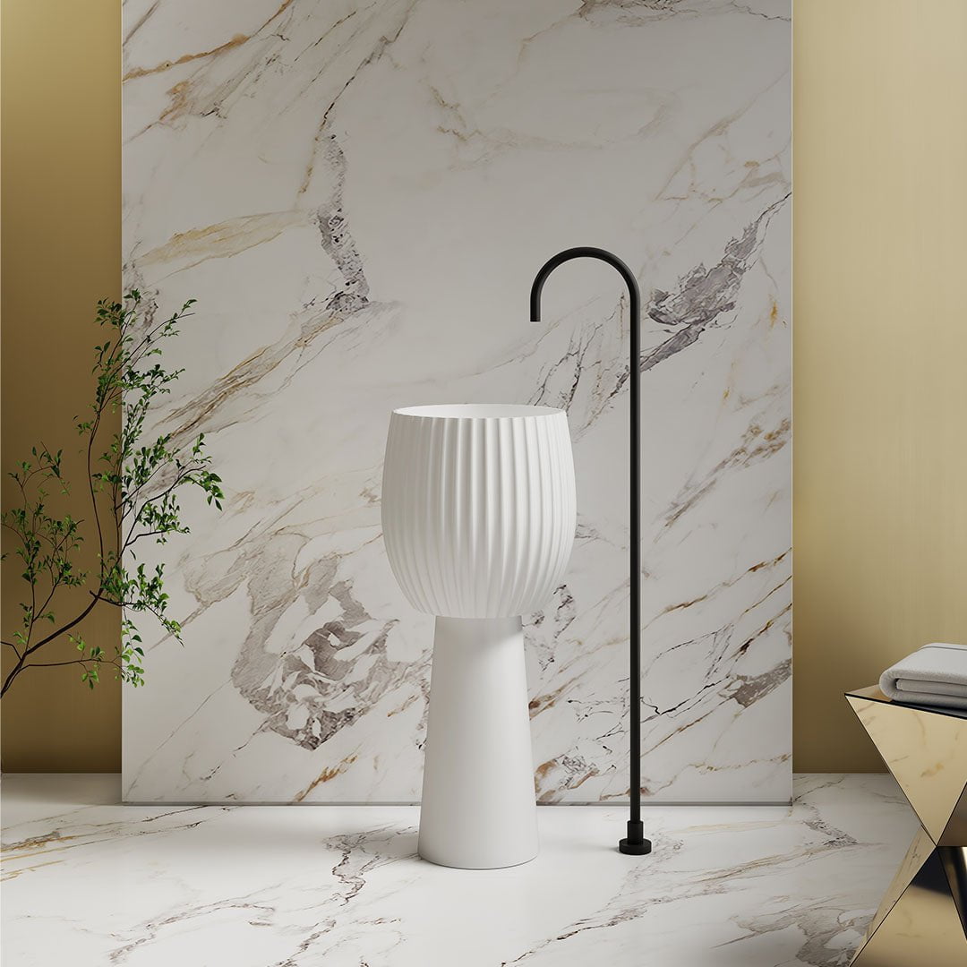 Lavoar de baie, freestanding, 40 cm, rotund, din compozit, alb mat, cu riflaje, MonBlari