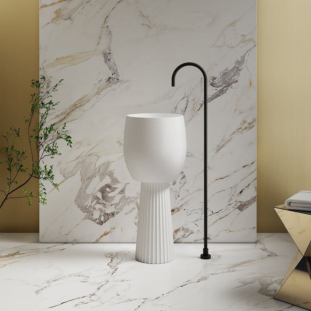 Lavoar de baie, freestanding, 40 cm, rotund, din compozit, alb mat, riflaje in partea inferioara, MonBlari