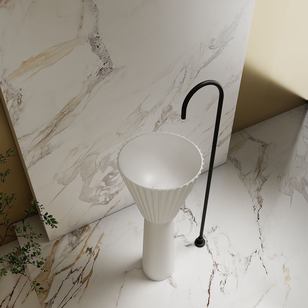 Lavoar de baie, freestanding, 40 cm, rotund, din compozit, alb mat, riflaje in partea superioara,, MonBlari