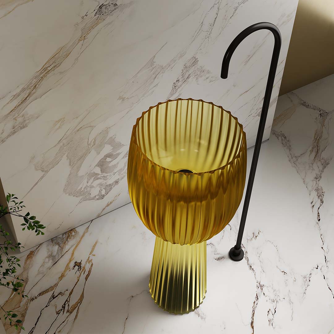 Lavoar de baie, freestanding, 40 cm, rotund, din rasina, galben transparent cu riflaje, MonBlari