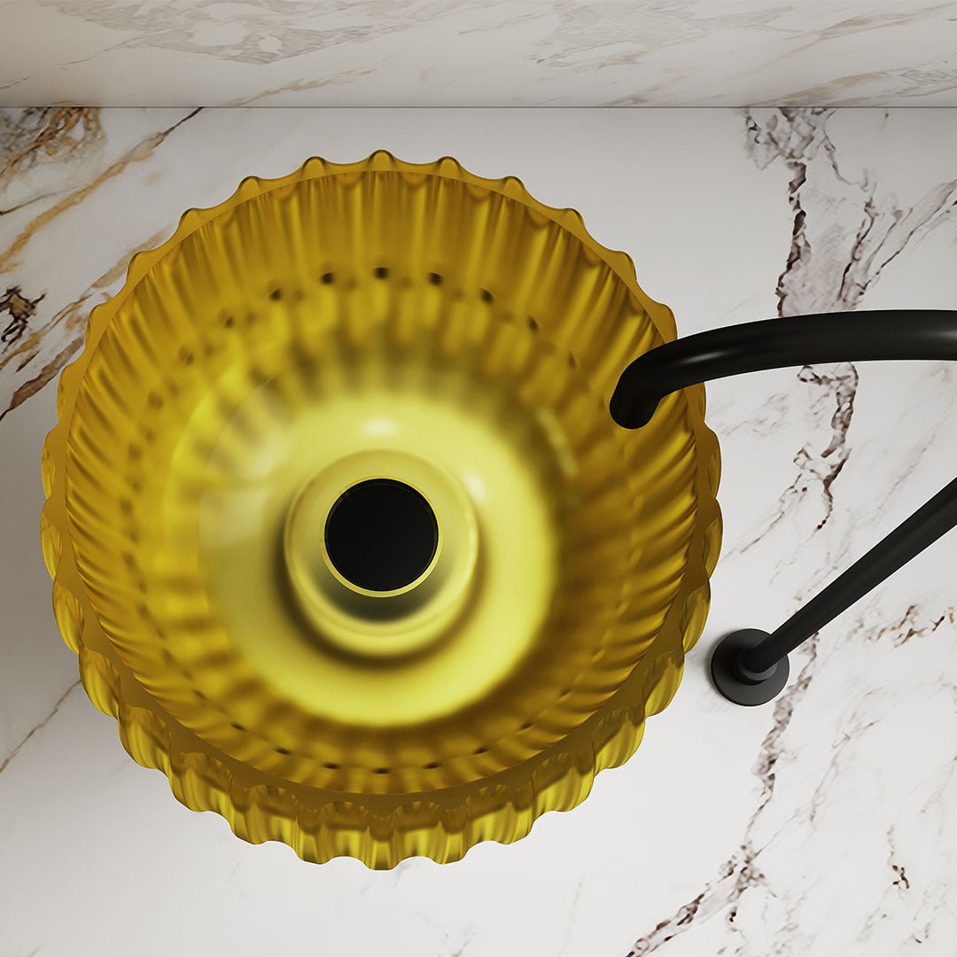 Lavoar de baie, freestanding, 40 cm, rotund, din rasina, galben transparent cu riflaje, MonBlari