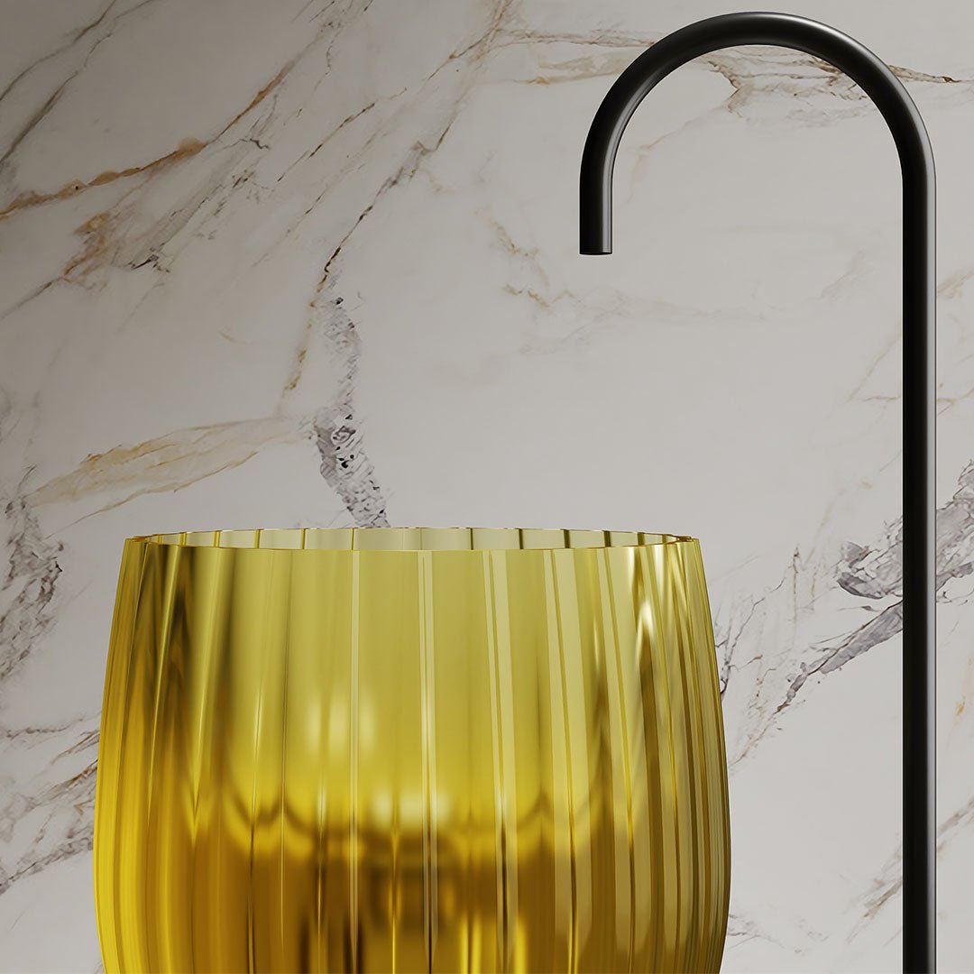 Lavoar de baie, freestanding, 40 cm, rotund, din rasina, galben transparent cu riflaje, MonBlari