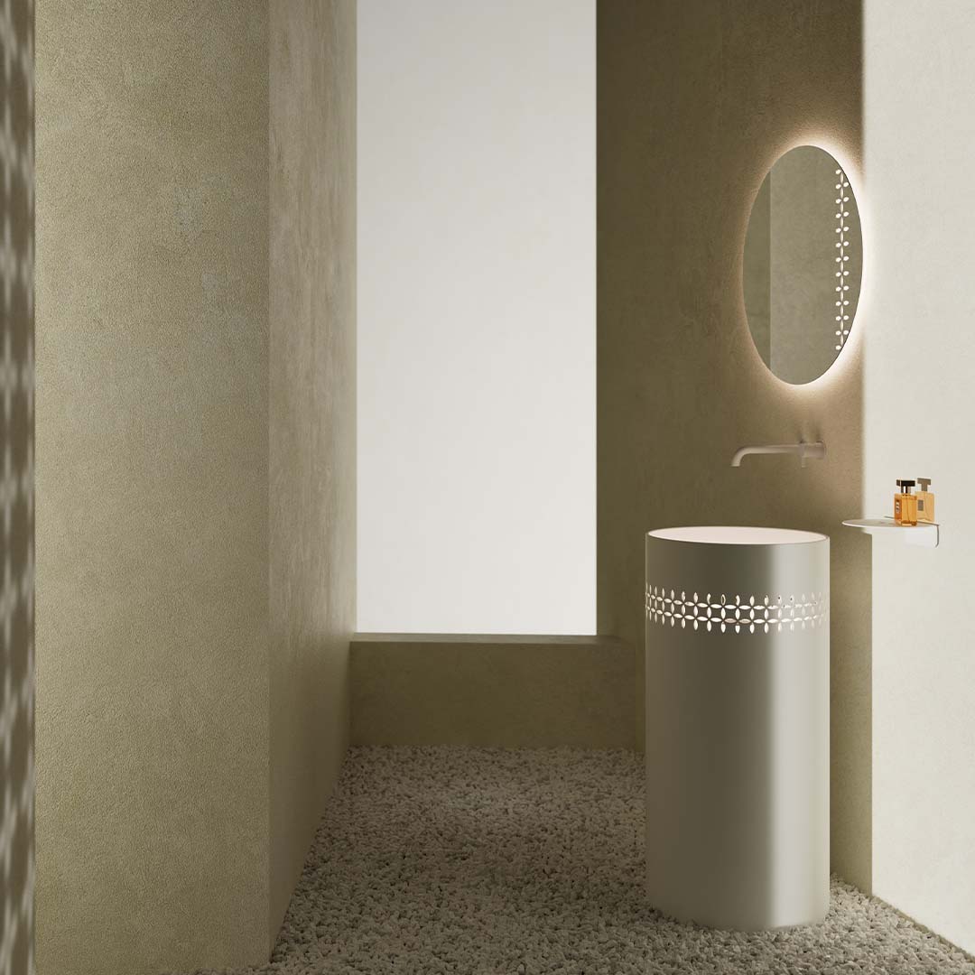 Lavoar de baie, freestanding, 400x400x900 mm, alb, cu LED, din compozit, rotund, finisaj mat, MonBlari Linglong