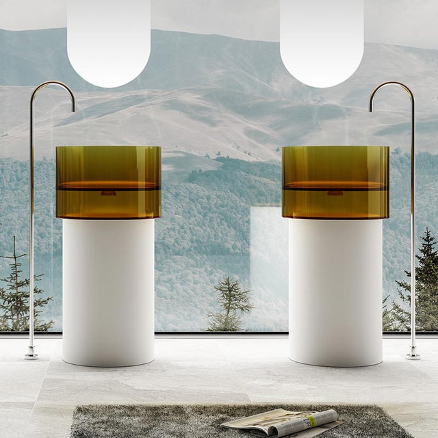 Lavoar de baie, freestanding, 45 cm, rotund, din rasina, auriu transparent cu baza alba, MonBlari