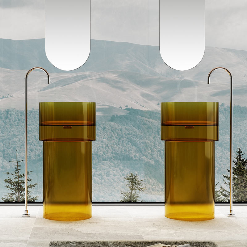 Lavoar de baie, freestanding, 45 cm, rotund, din rasina, auriu transparent, MonBlari