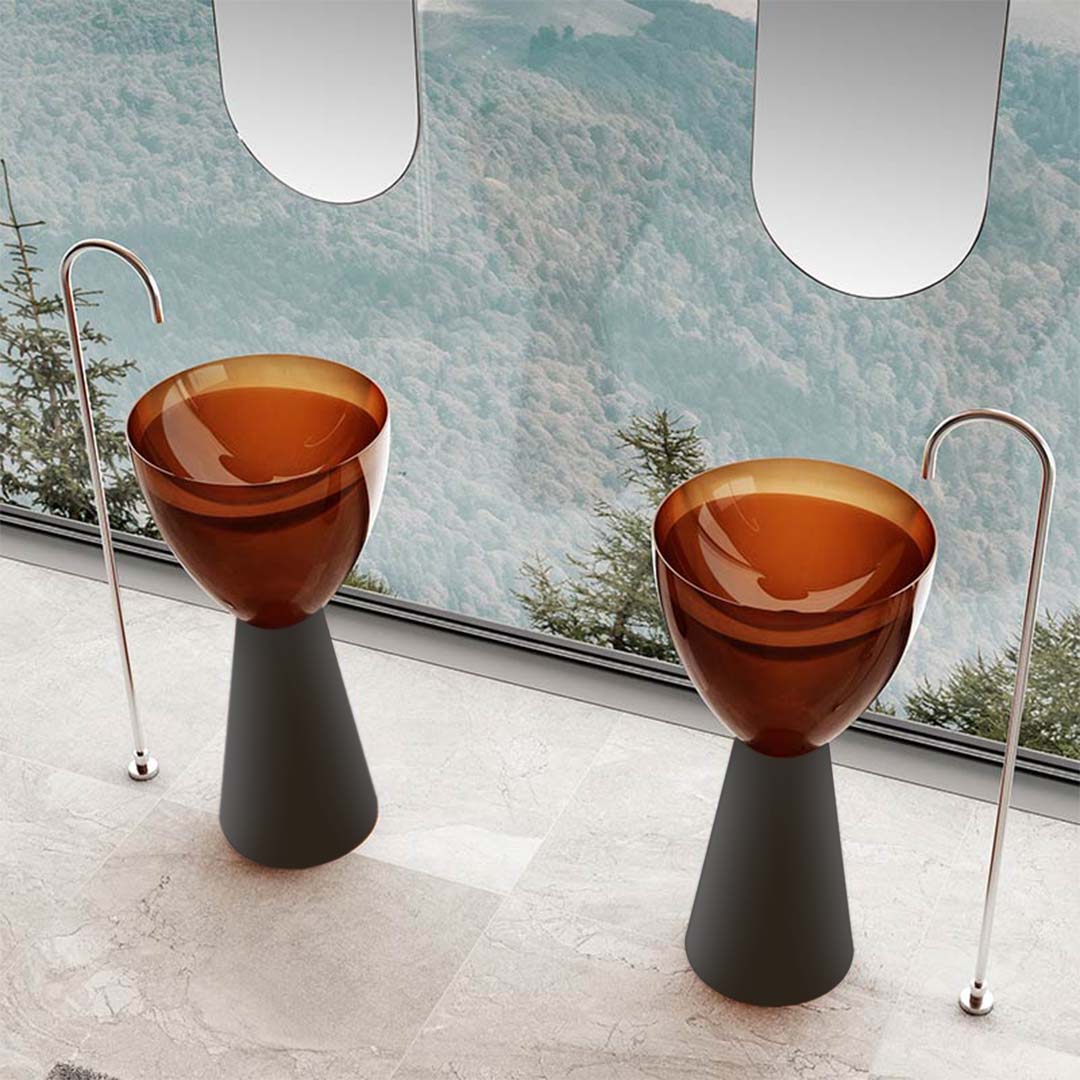 Lavoar de baie, freestanding, 45 cm, rotund, din rasina, caramiziu transparent cu baza mata, MonBlari