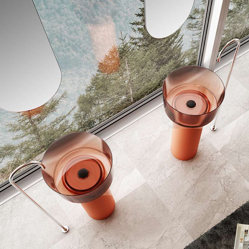 Lavoar de baie, freestanding, 45 cm, rotund, din rasina, roz transparent, cu baza portocalie, MonBlari