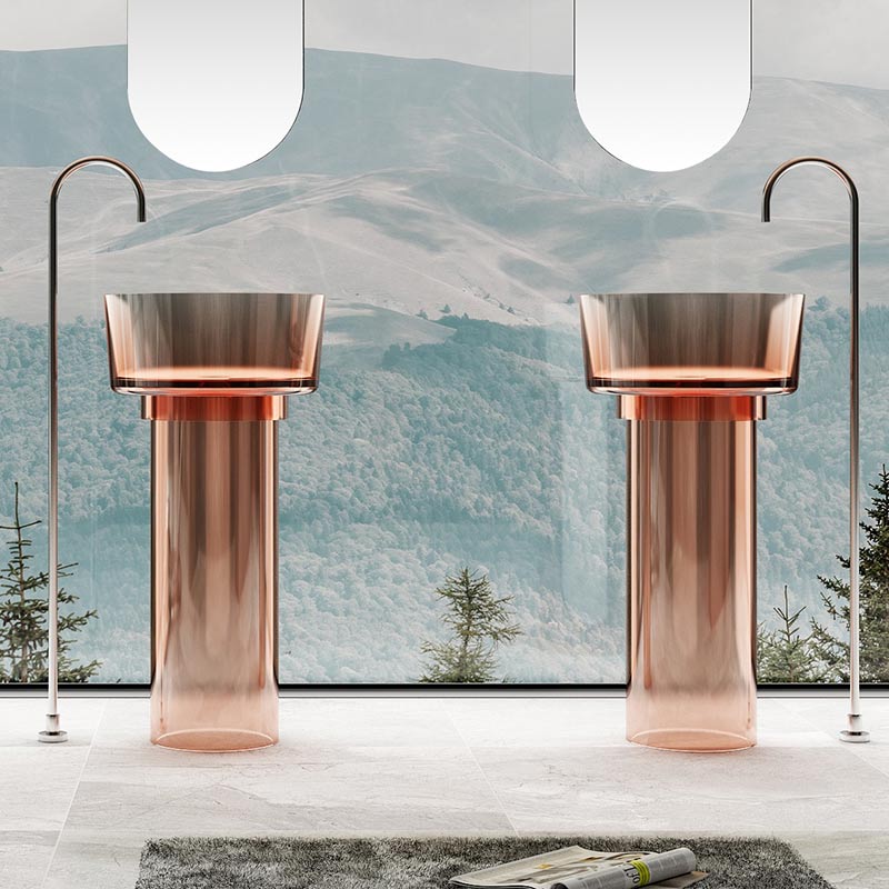 Lavoar de baie, freestanding, 45 cm, rotund, din rasina, roz transparent, MonBlari