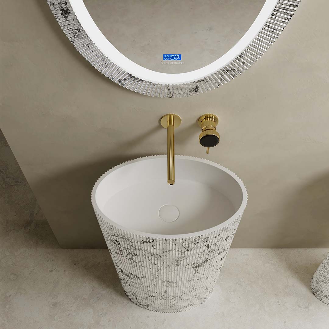 Lavoar de baie, freestanding, 50 cm, oval, din compozit, alb/gri cu riflaje, MonBlari