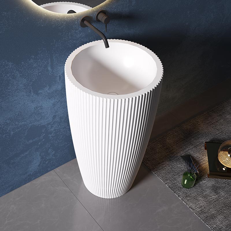 Lavoar de baie, freestanding, 50 cm, rotund, din compozit, alb, cu riflaje,  MonBlari